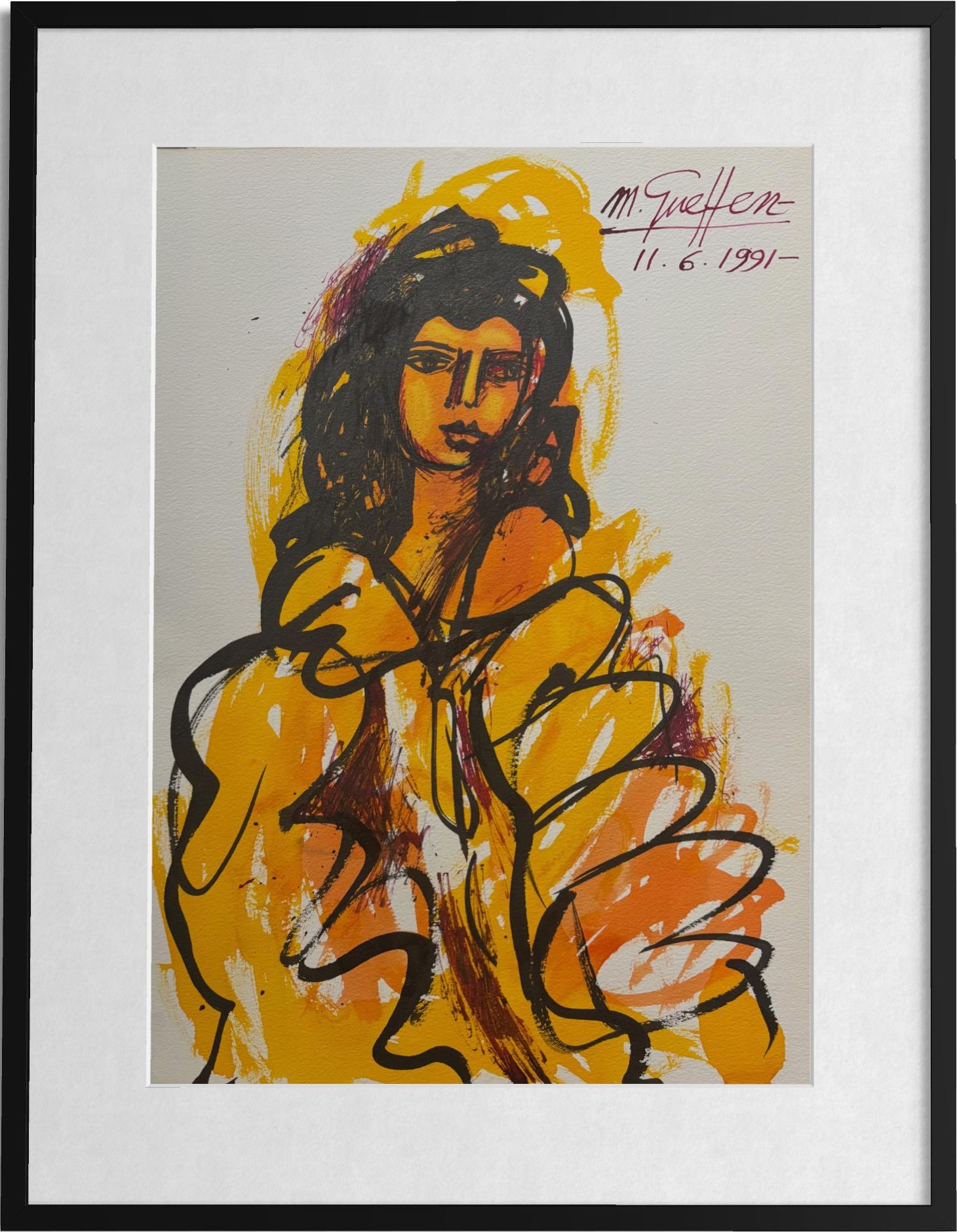 Colorful Figurative Portrait Drawing, Expressionist Ink on Paper, signed 1991