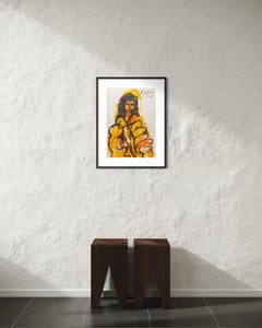 Colorful Figurative Portrait Drawing, Expressionist Ink on Paper, signed 1991