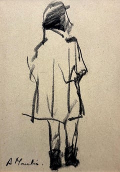 Mid-Century French Charcoal Figure Study on Paper, Schoolboy Figure Study, 1950'
