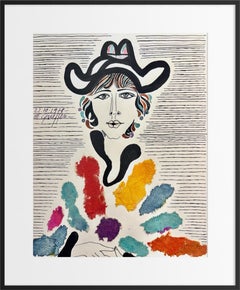 Colorful Modernist Female Portrait, Ink and Collage on Paper, Signed, 1978