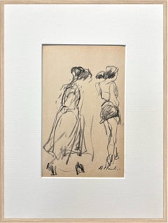 French Mid-Century Figurative Charcoal Drawing, Elegant Female Figures, 1950s