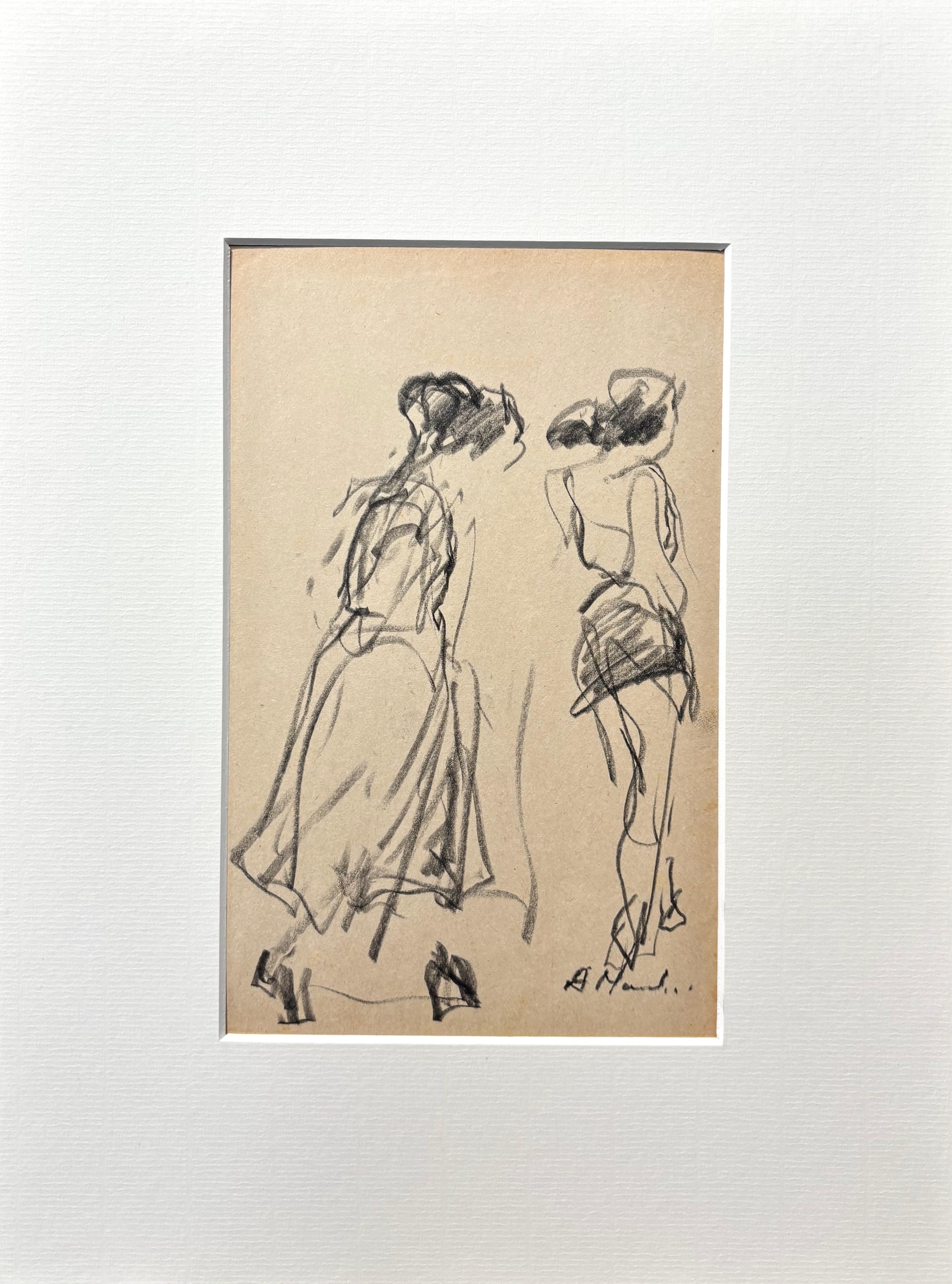 French Mid-Century Figurative Charcoal Drawing, Elegant Female Figures, 1950s
