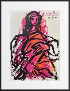 Expressionist Female Portrait Ink on Paper, School of Paris Modern Drawing, 1991