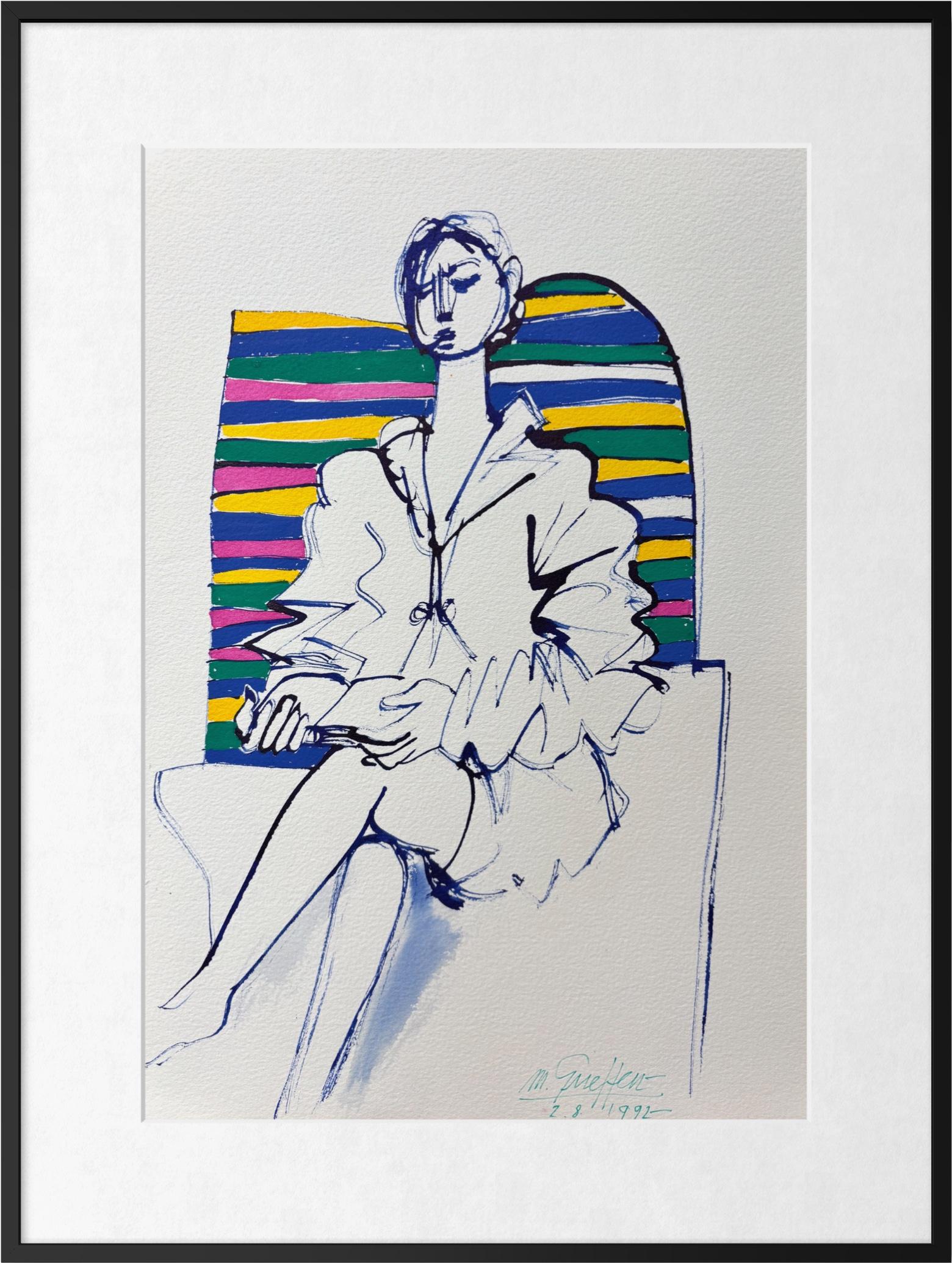 Menachem Gueffen Portrait - Mid-Century Style Seated Woman Gouache on Paper, Figurative Expressionism