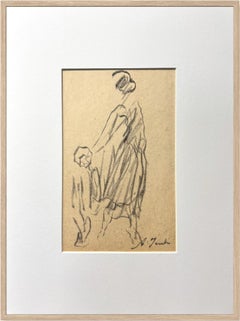 Mid-Century French Mother and Child Walking Charcoal Drawing on Paper circa 1950