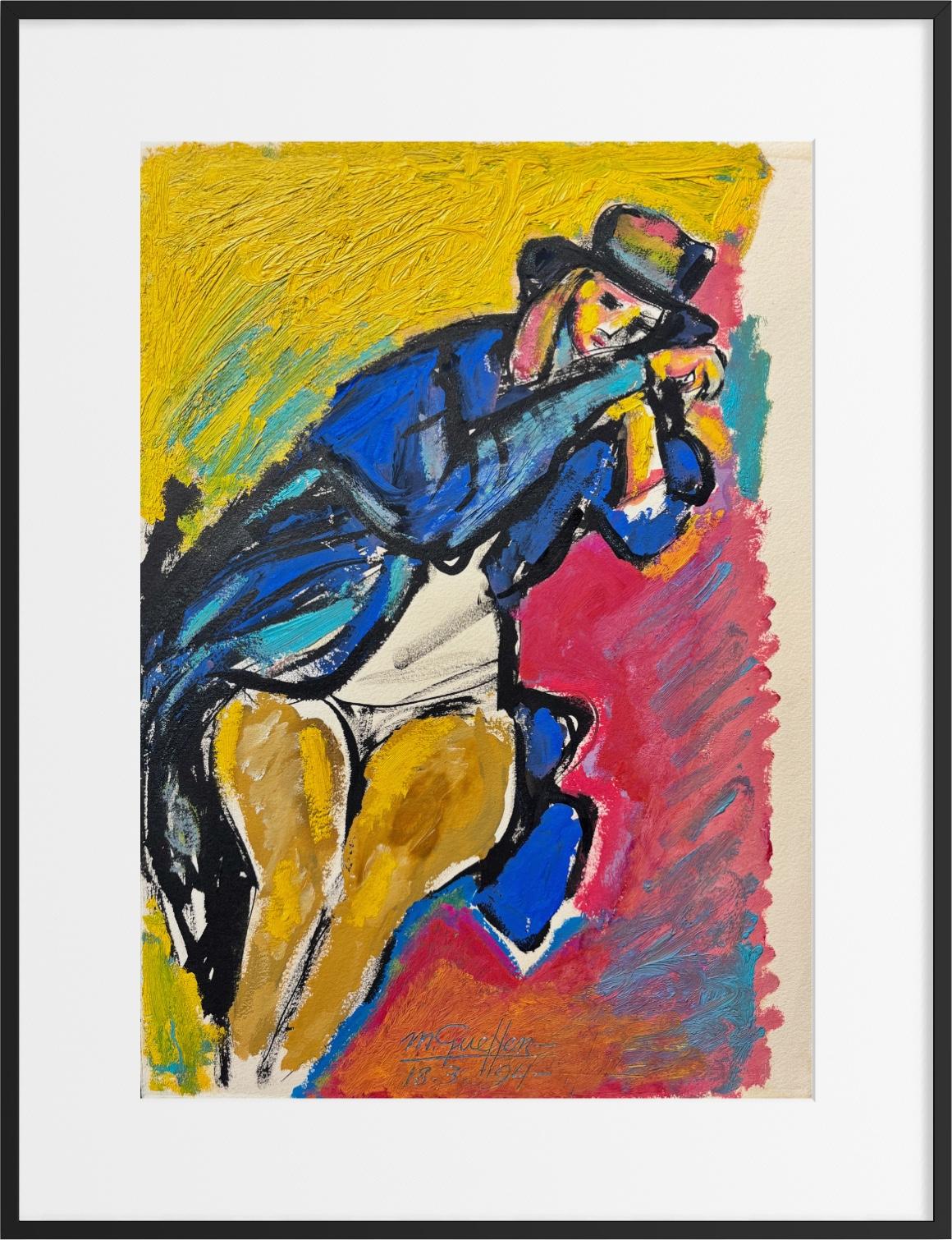 Figurative Expressionist French Woman with Hat, Oil and Ink on Paper, 1994