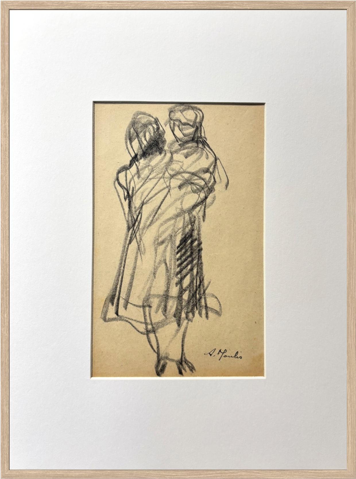 Dibujo francés al carboncillo de mediados de siglo que representa a una madre y su hijo sobre papel, hacia 1950