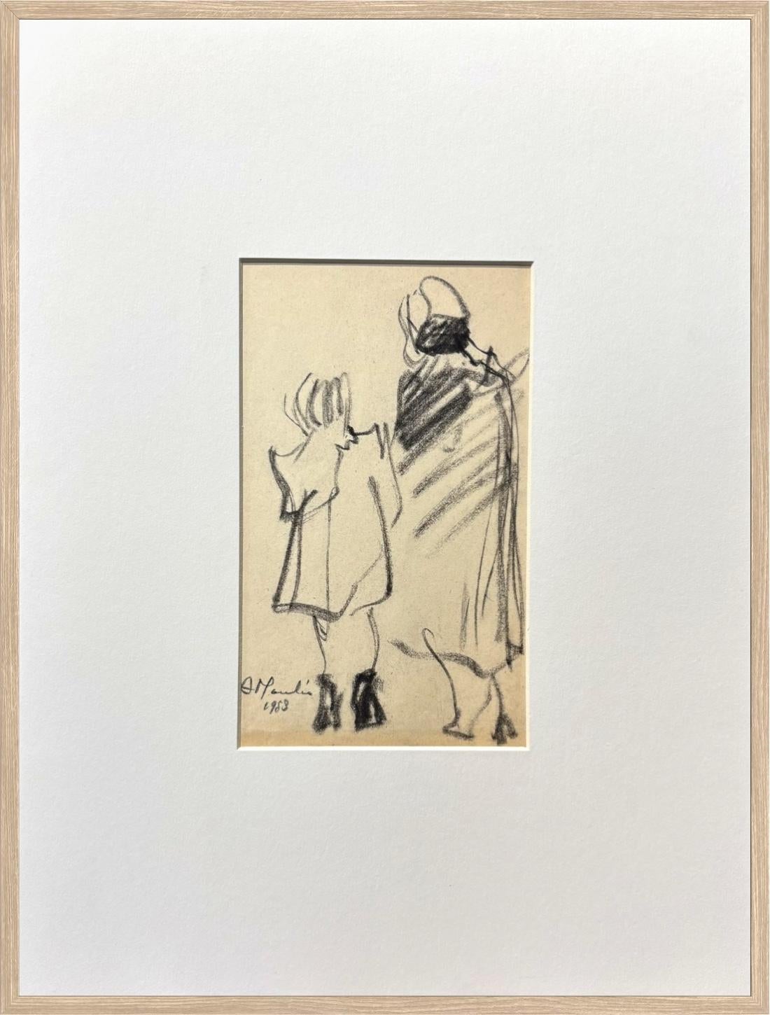 Signed 1953 Charcoal Drawing of Two Fashion Figures, French Mid-Century Art