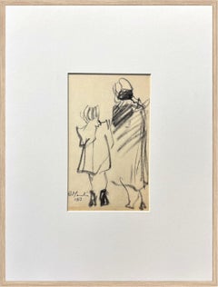Signed 1953 Charcoal Drawing of Two Fashion Figures, French Mid-Century Art