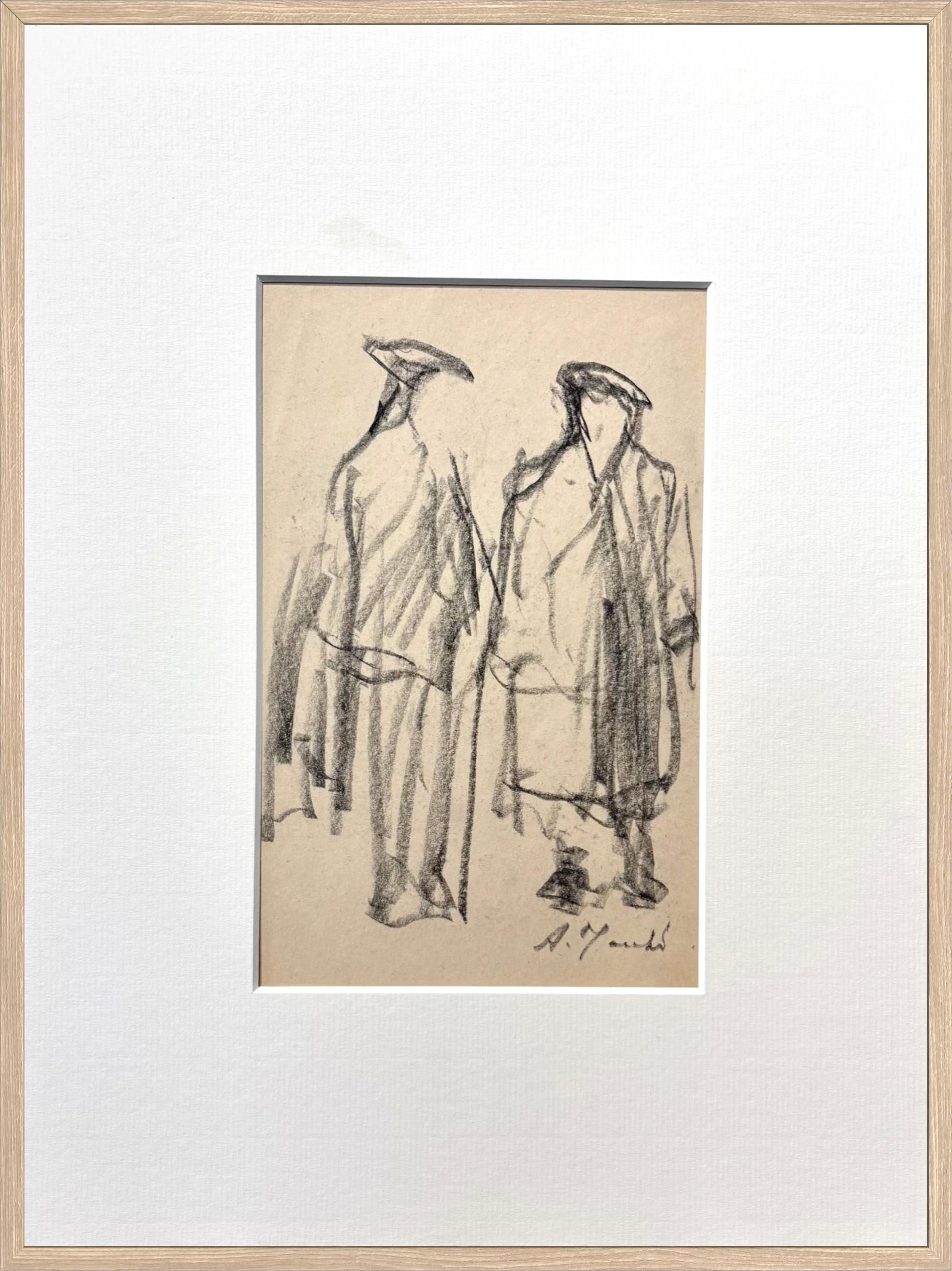 Due figure avvolte in un mantello: disegno a carboncino su carta di un espressionista francese della metà del secolo
