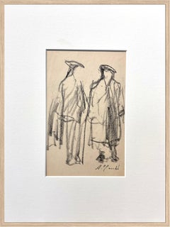 Due figure avvolte in un mantello: disegno a carboncino su carta di un espressionista francese della metà del secolo