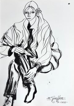 Fashion Portrait of Elegant Seated Woman, India Ink Drawing on Paper Signed 1993