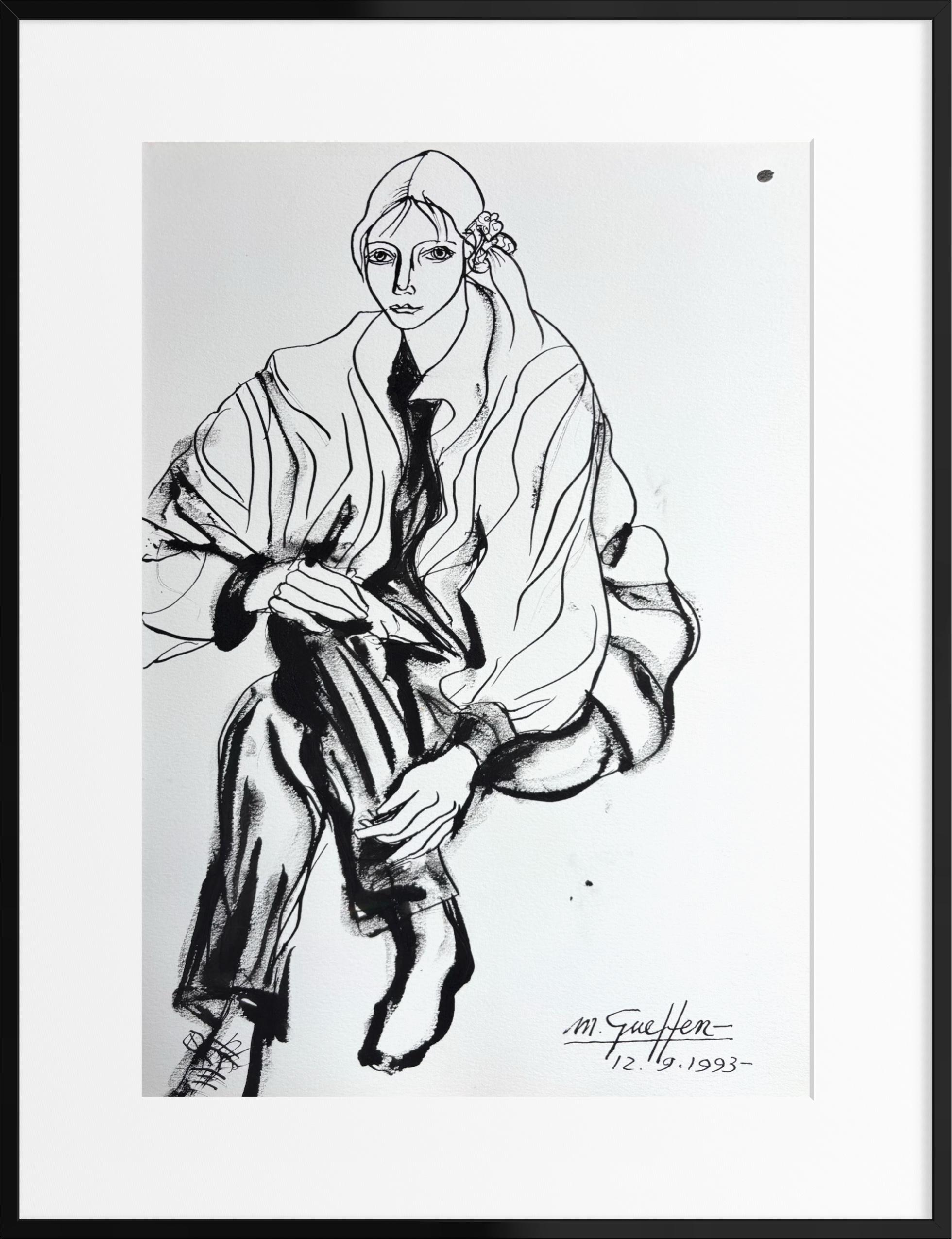 Mode-Porträt einer eleganten sitzenden Frau, Tuschezeichnung auf Papier, signiert 1993