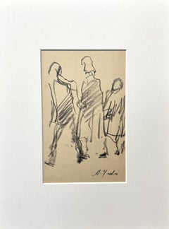 French Mid-Century Modern Figurative Drawing of Three Figures on Paper c.1950