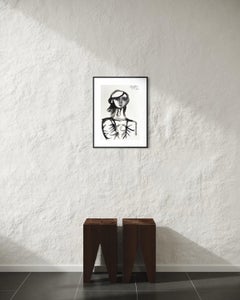 Mid-Century Style, Expressionist Ink Portrait on Paper Female Figure Signed 1994