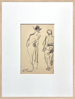 French Mid-Century Figurative Charcoal Drawing with Top Hat Gentleman on Paper