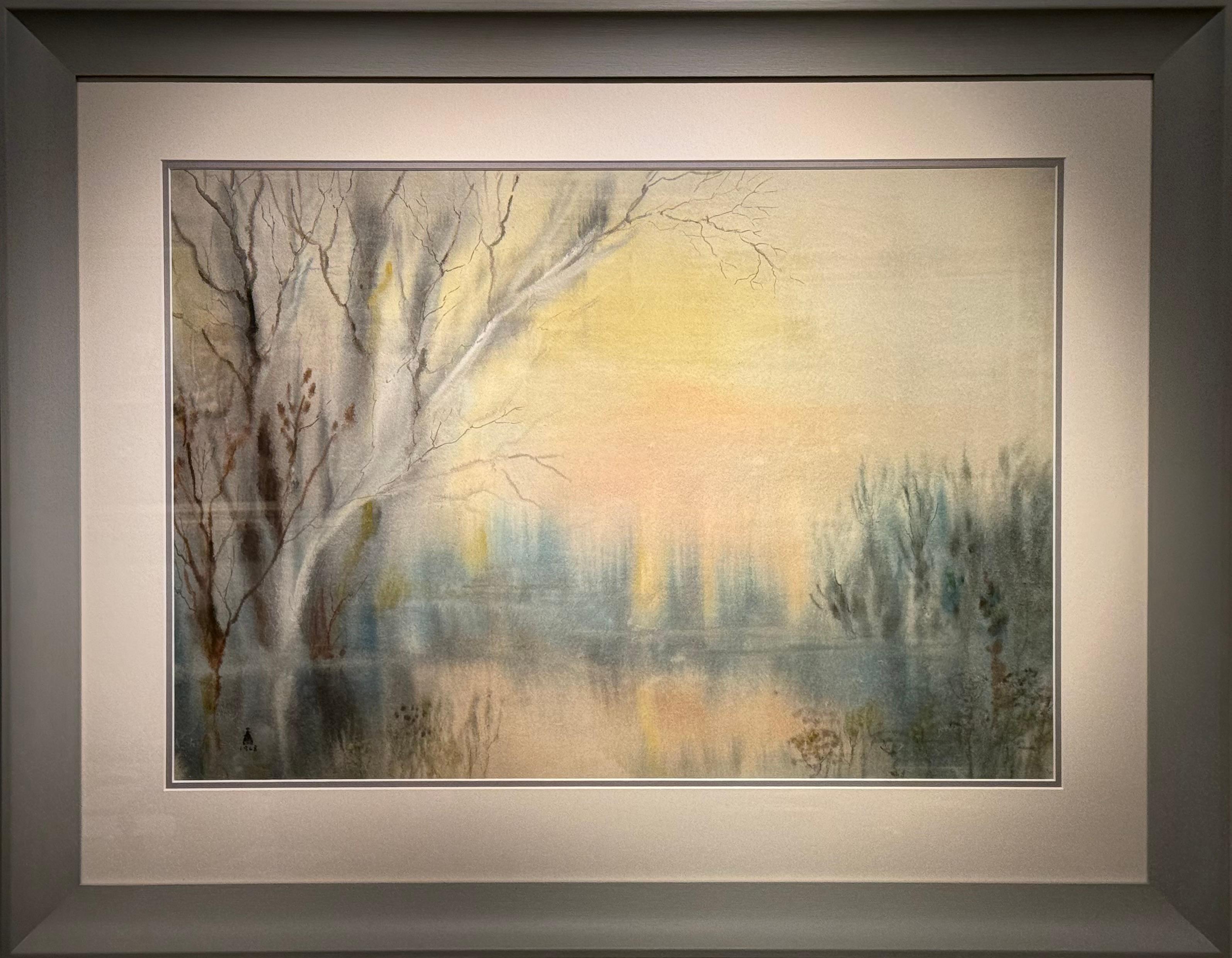 Evening by the Lake Watercolor, Signed and Framed, Late 20th Century