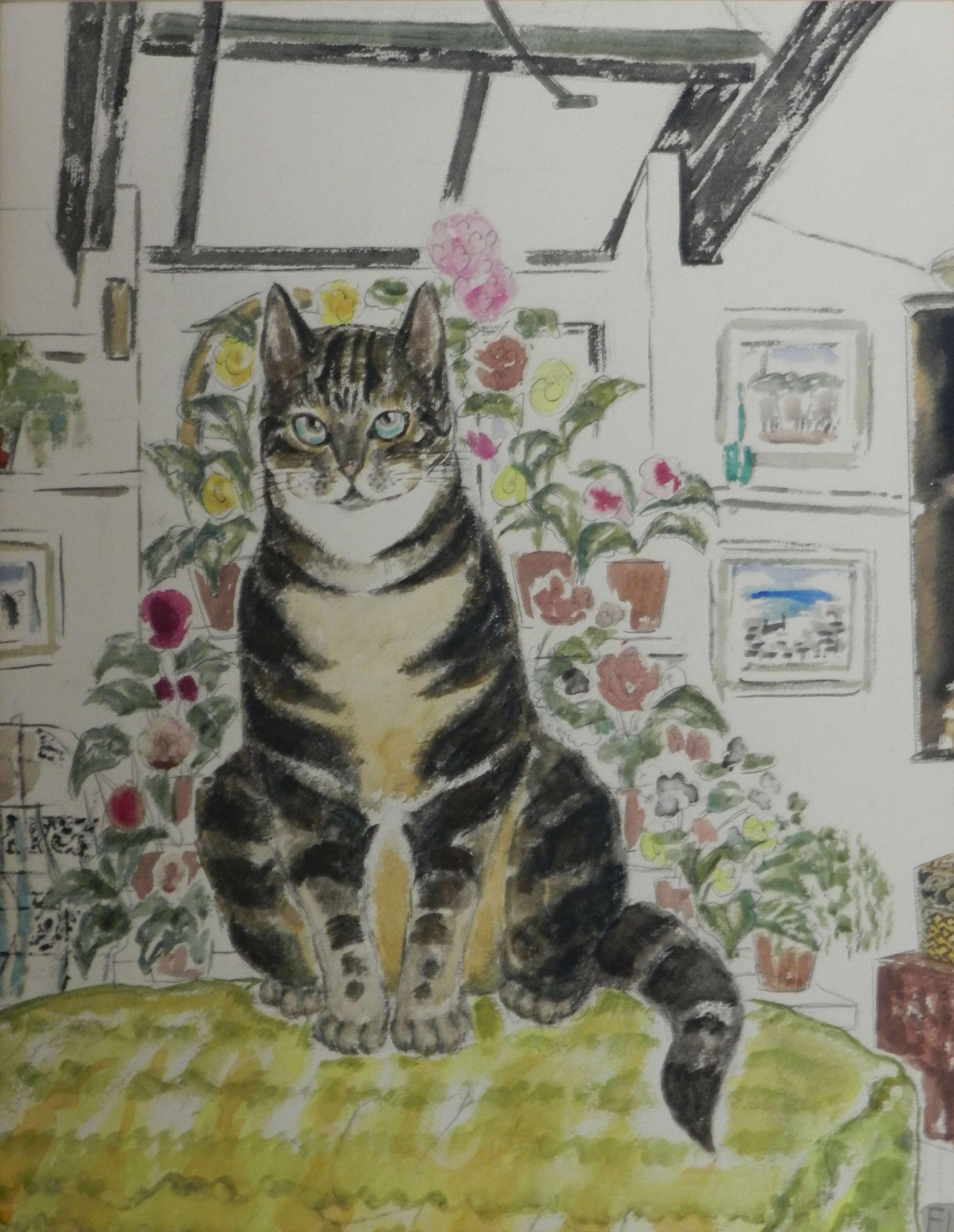 « Chat à la maison buvant de l'eau », aquarelle, English School, vers 1950, Anne Harriet Fish