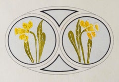 Acuarela botánica de estilo Art Nouveau con narcisos, diseño floral italiano, hacia 1935