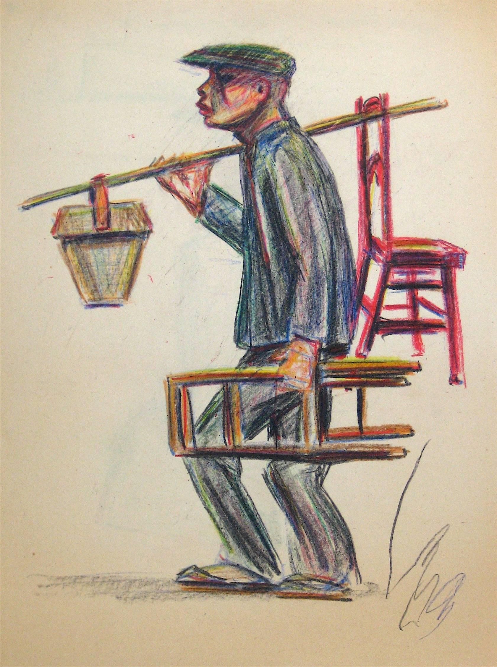 Unknown Figurative Art - Man with Chair, Oil Pastel Drawing, Mid 20th Century