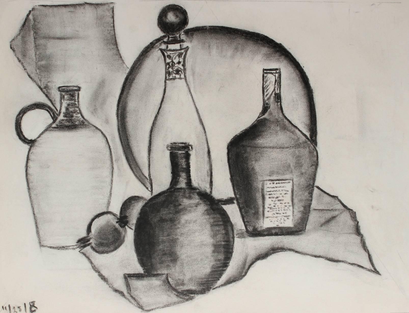Unknown Still-Life - Modernist Still Life with Bottles, Charcoal Drawing