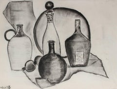 Modernist Still Life with Bottles, Charcoal Drawing