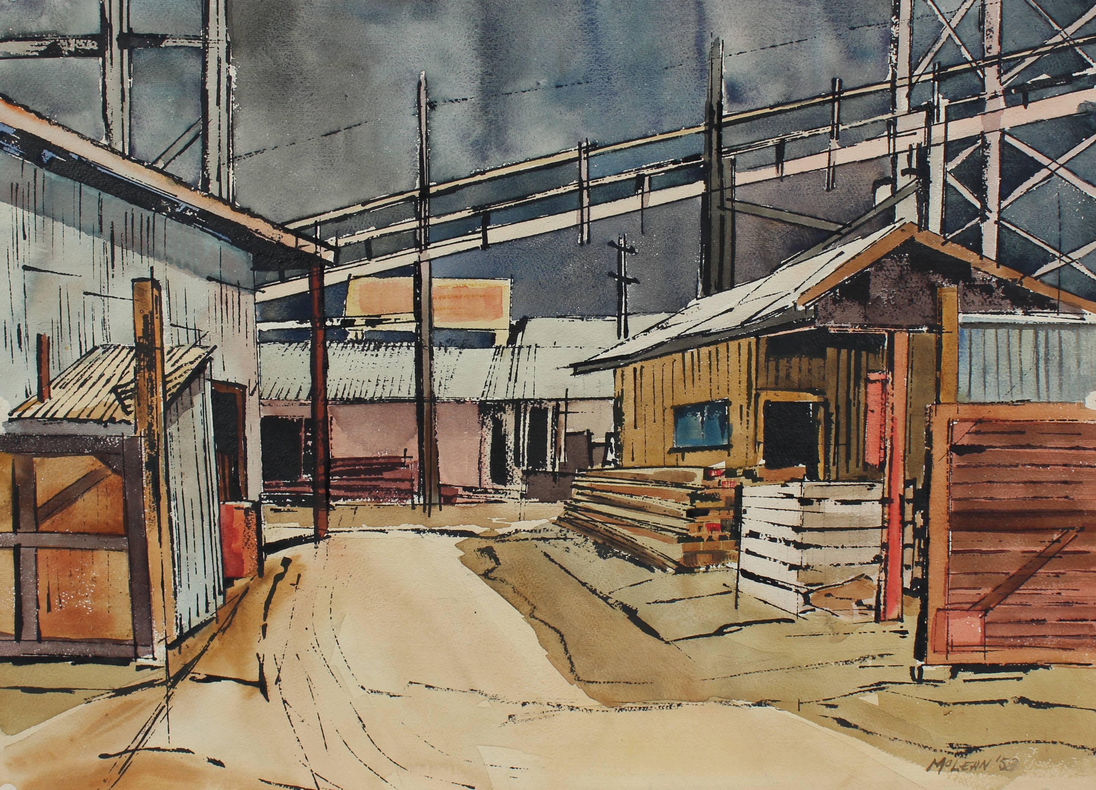 Industrial Landscape in Watercolor and Ink, 1958