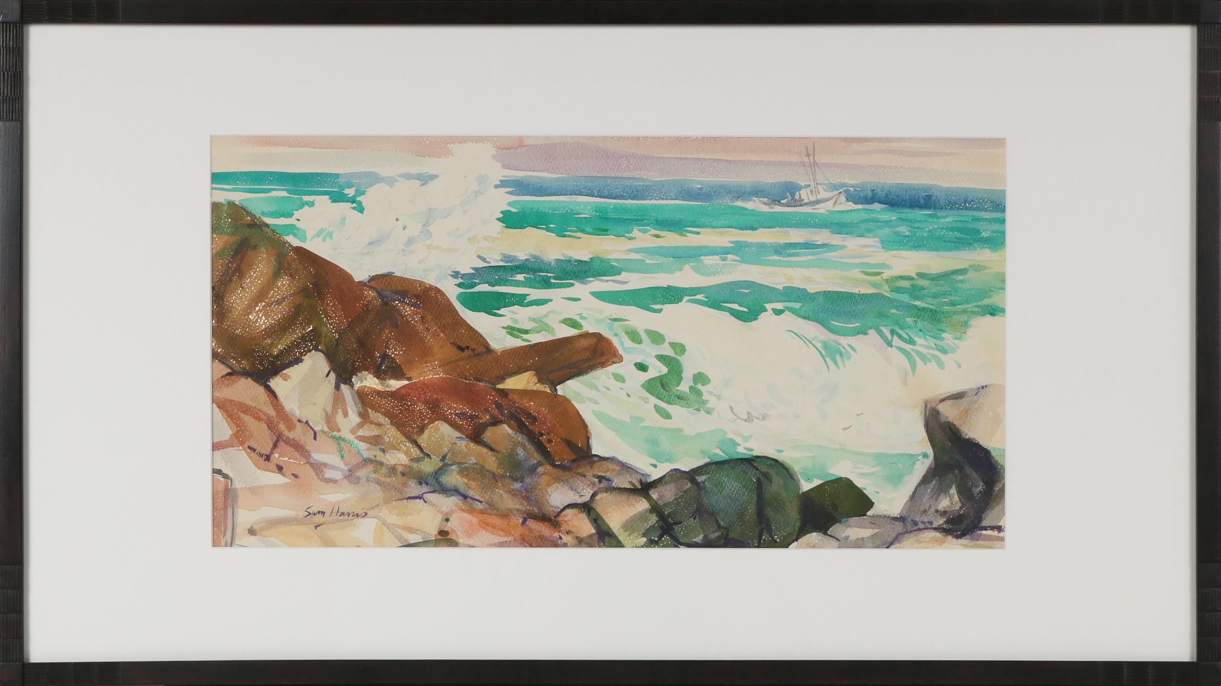 Sam Hugh Harris Landscape Art - "Windward Shore" Mid Century Watercolor Painting