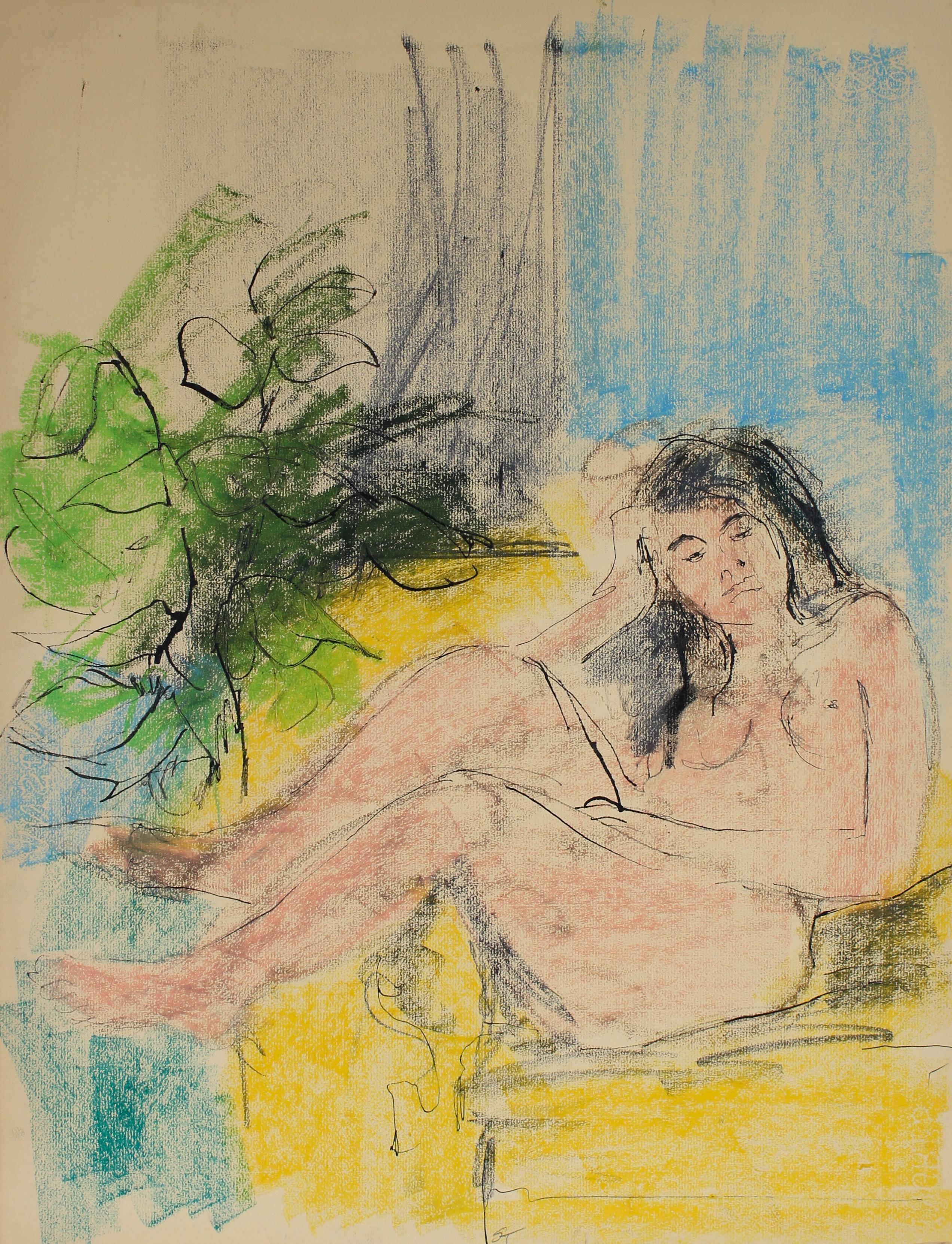 Seated Expressionist Nude Female Figure 20th Century Pastel and Ink - Art by Seymour Tubis