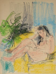 Seated Expressionist Nude Female Figure 20th Century Pastel and Ink