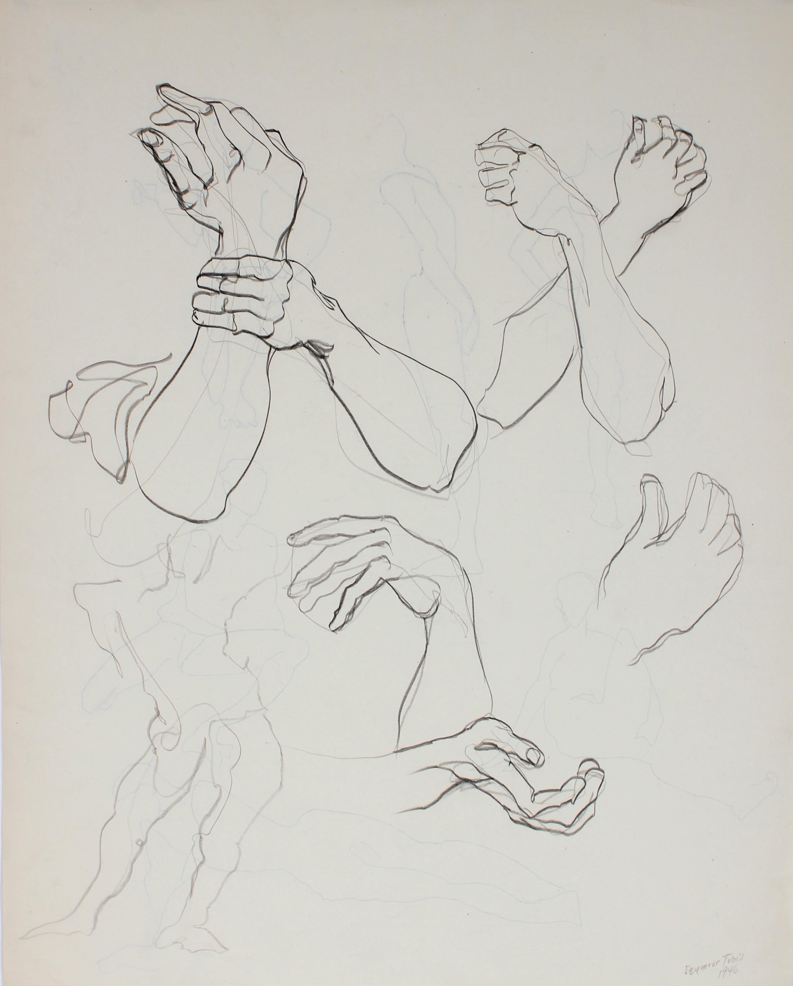 Seymour Tubis Figurative Art - Anatomical Study of Wrists & Hands 1946 Ink and Graphite on Paper