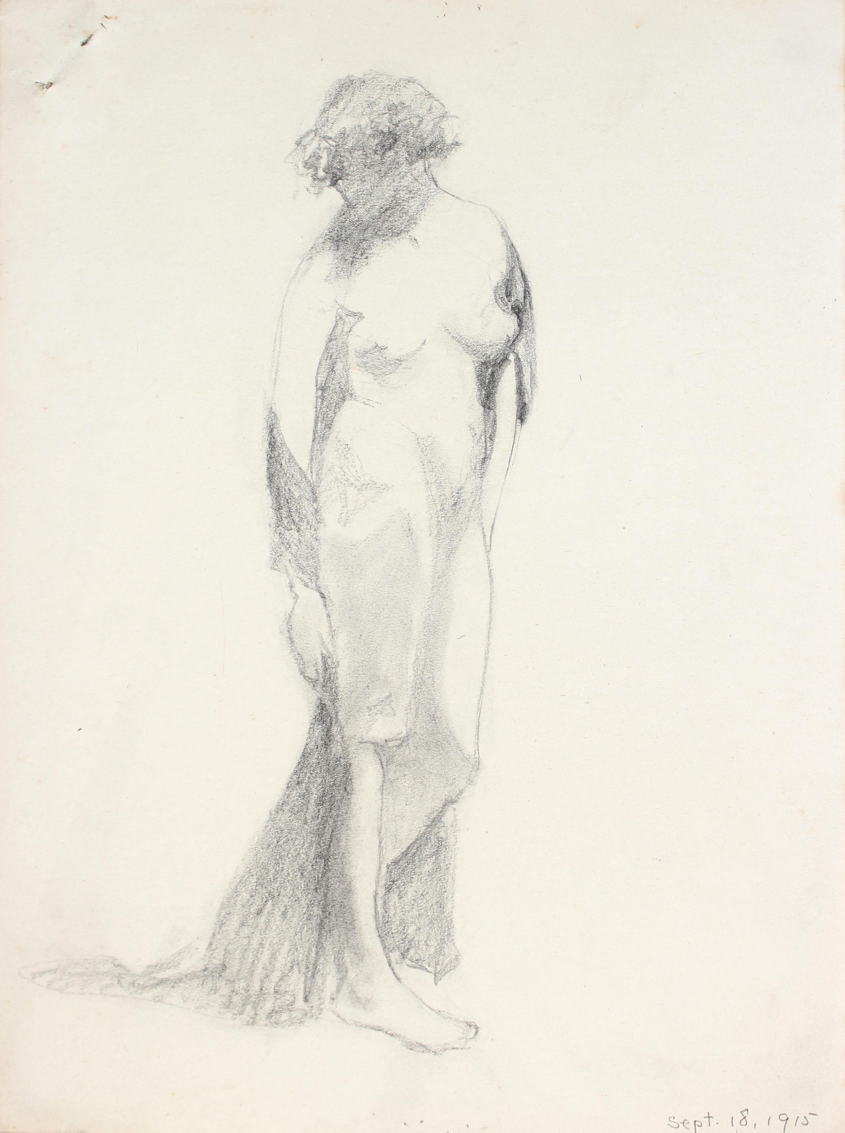 Draped Contrapposto Nude Study 1915 Graphite - Art by Unknown