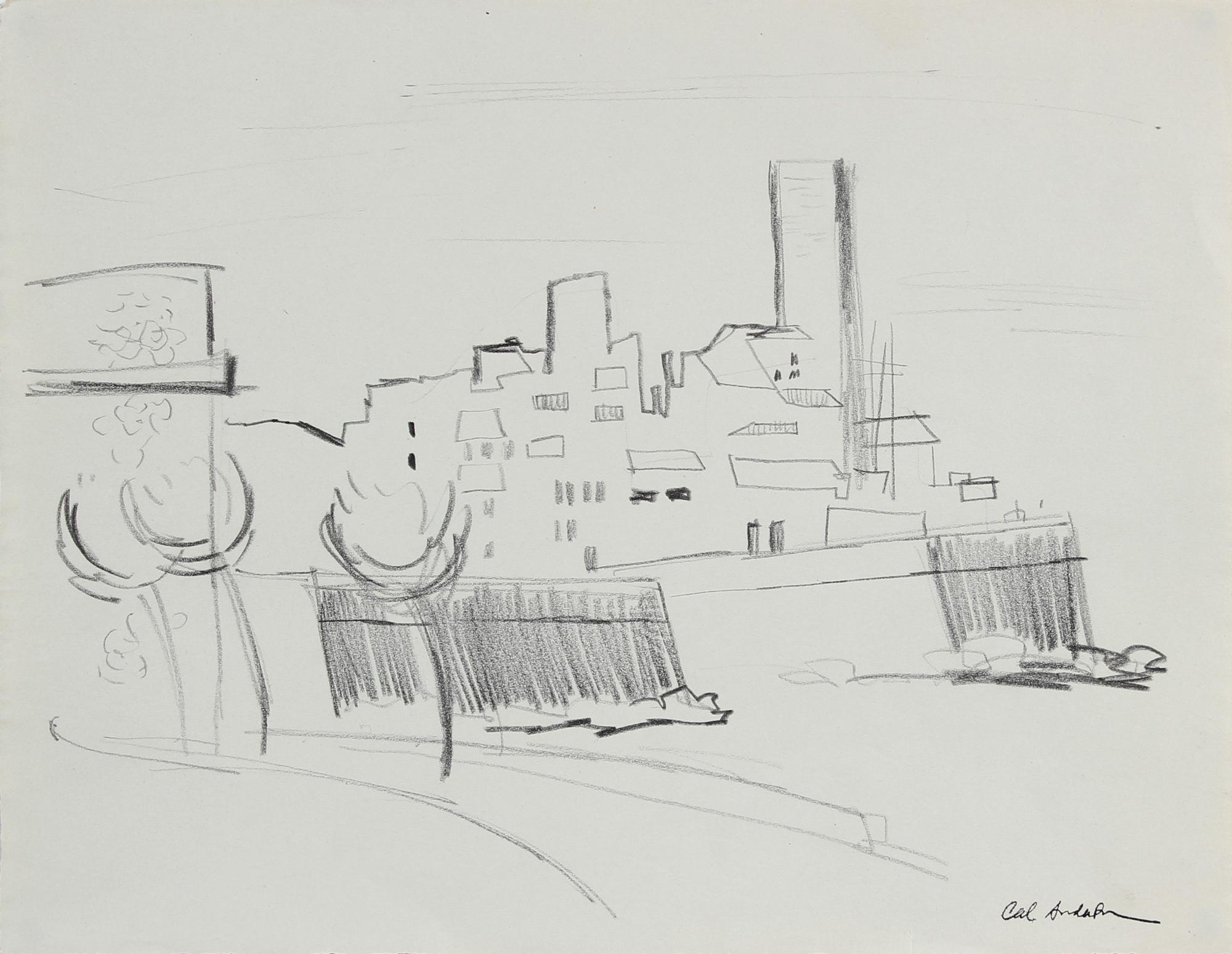 Abstracted Cityscape Sketch 20th Century Graphite