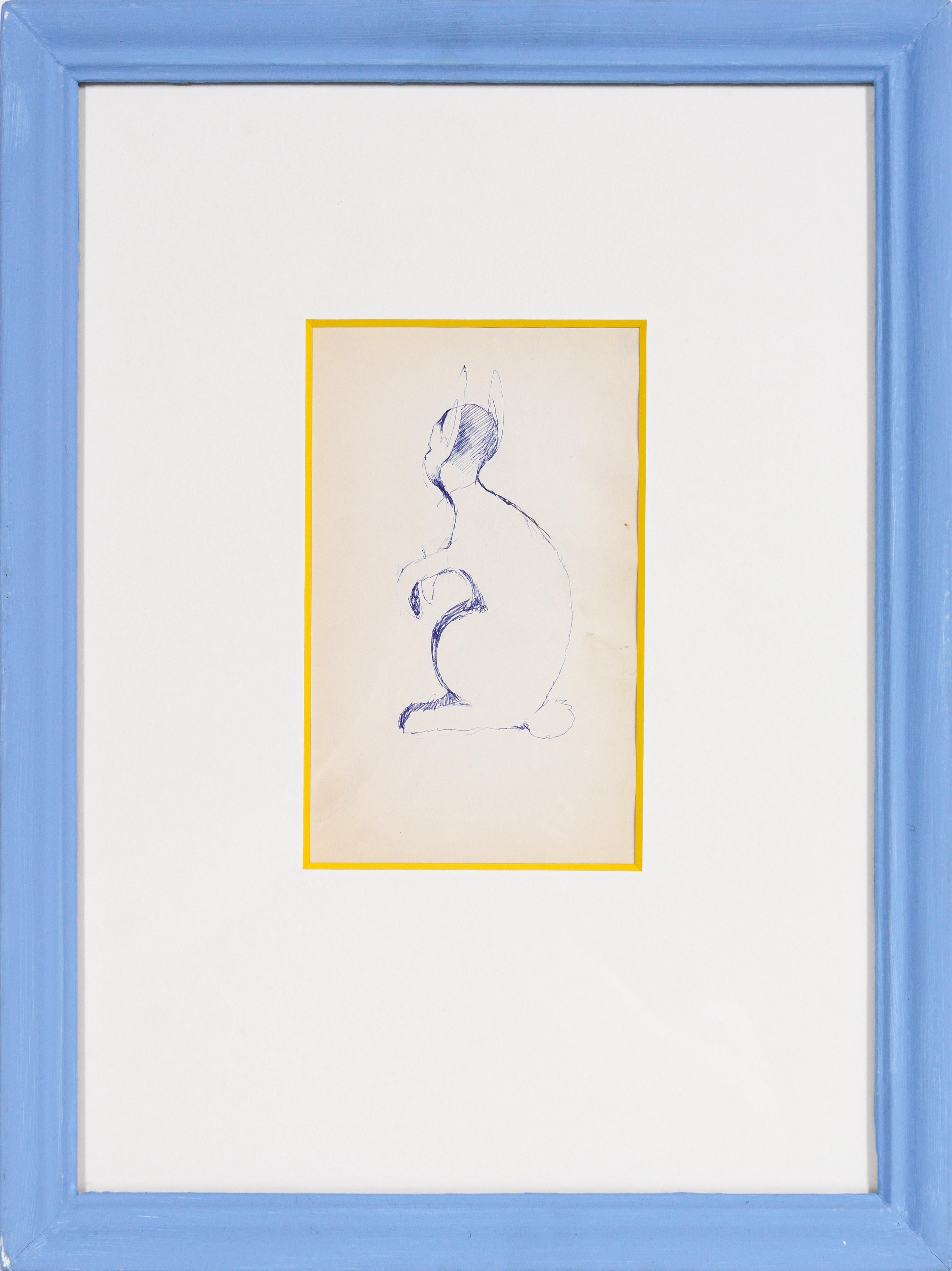 Richard Karwoski Animal Art - Blue Bunny Figure 1950-60s Pen on Paper