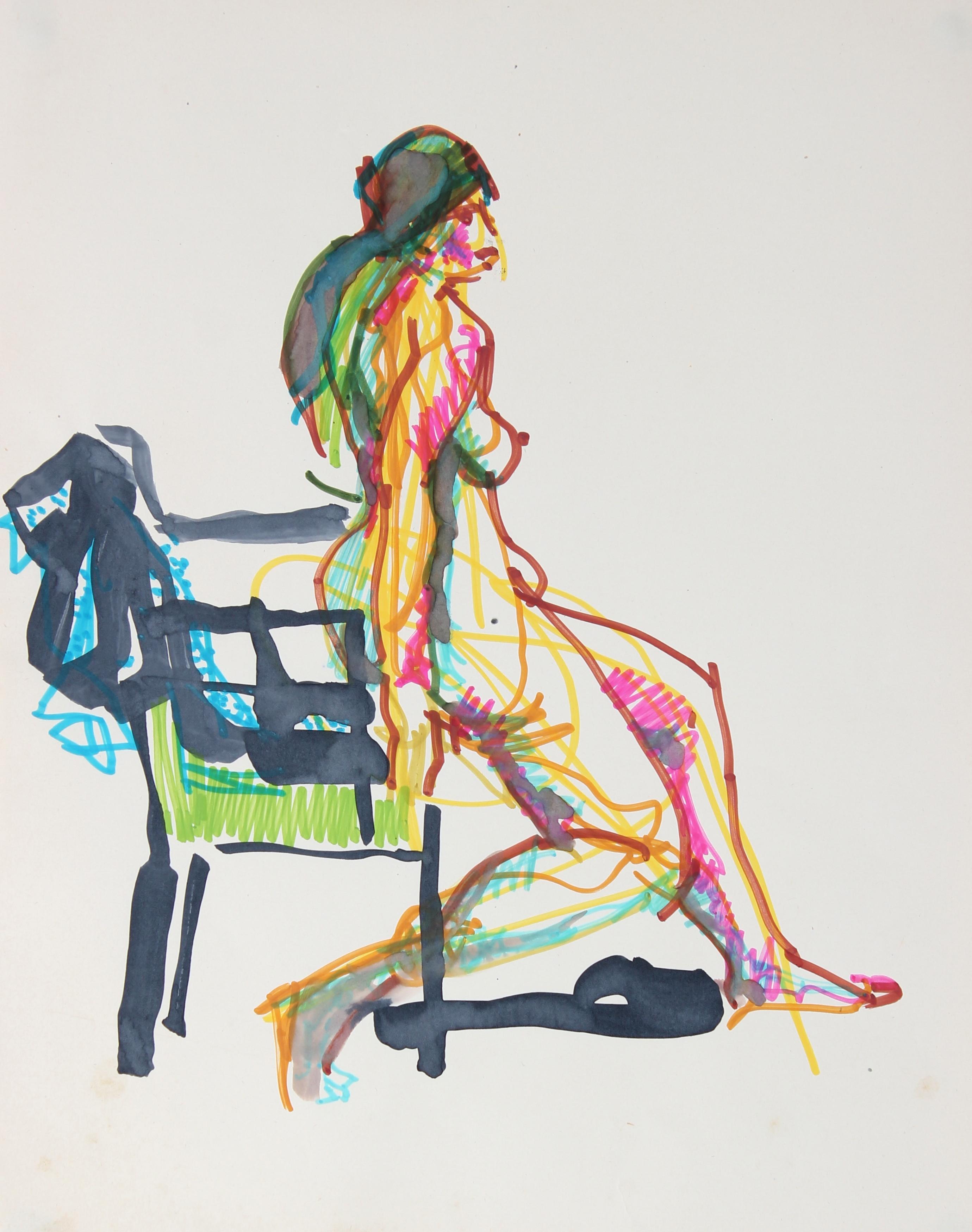 Colorful Study Of A Female Nude 20th Century Ink