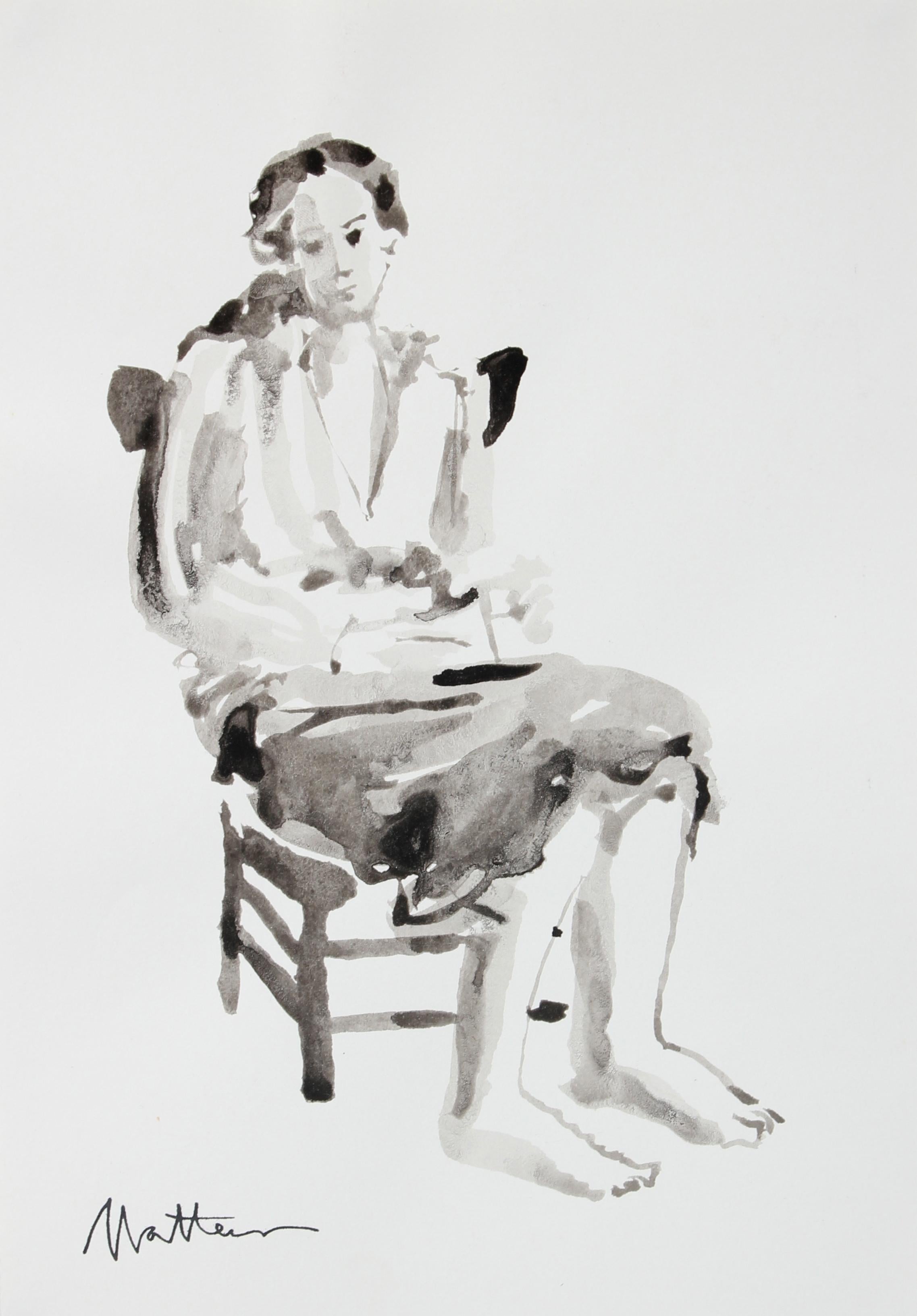 Seated Barefoot Woman 20th Century Ink Wash