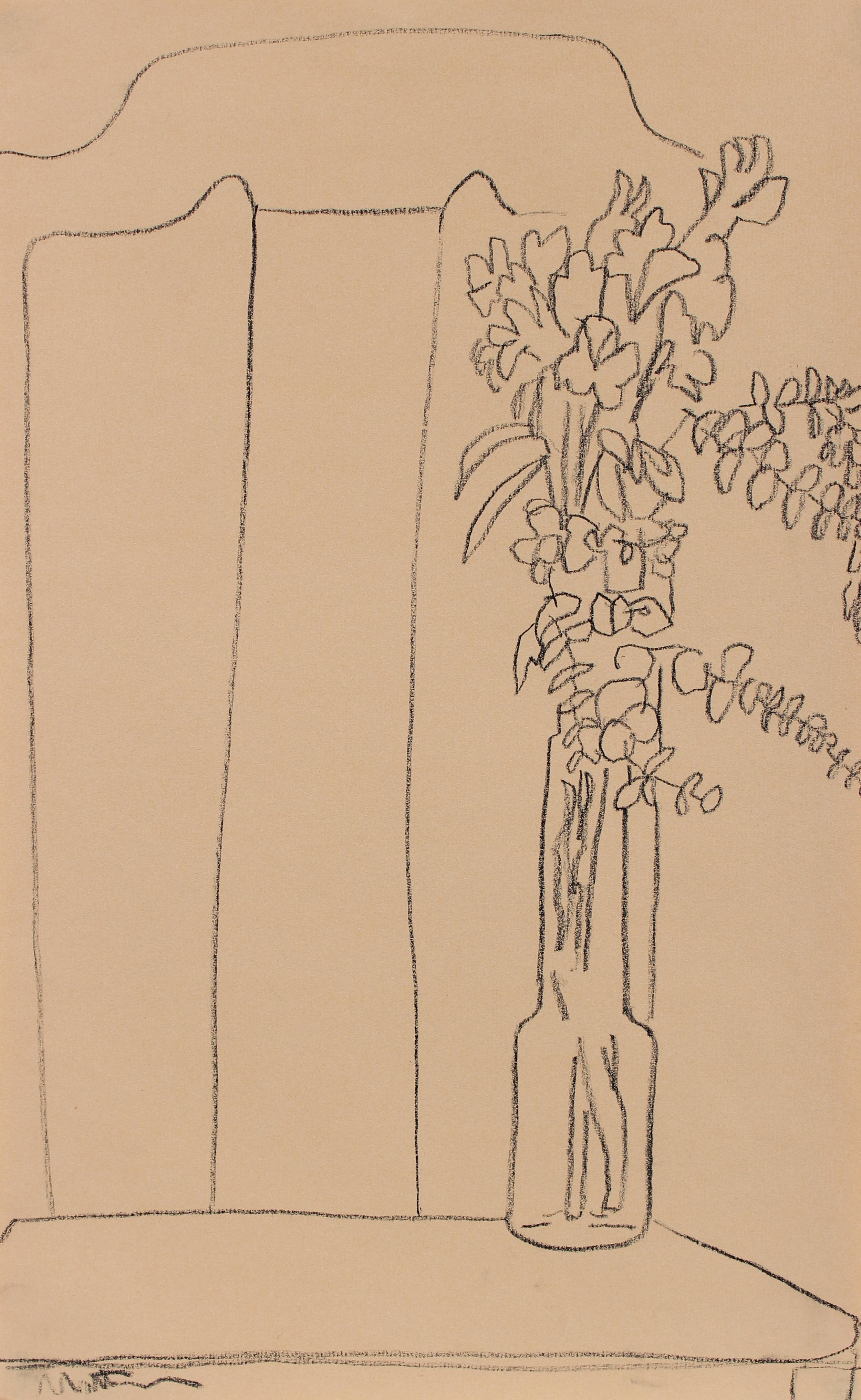 Vase of Flowers on a Chair Still-Life 20th Century Charcoal - Art by Rip Matteson