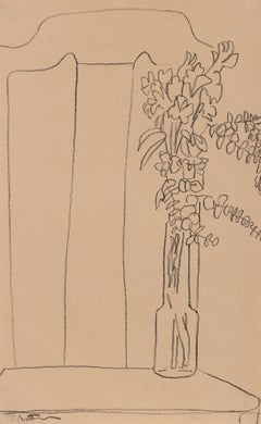 Vase of Flowers on a Chair Still-Life 20th Century Charcoal