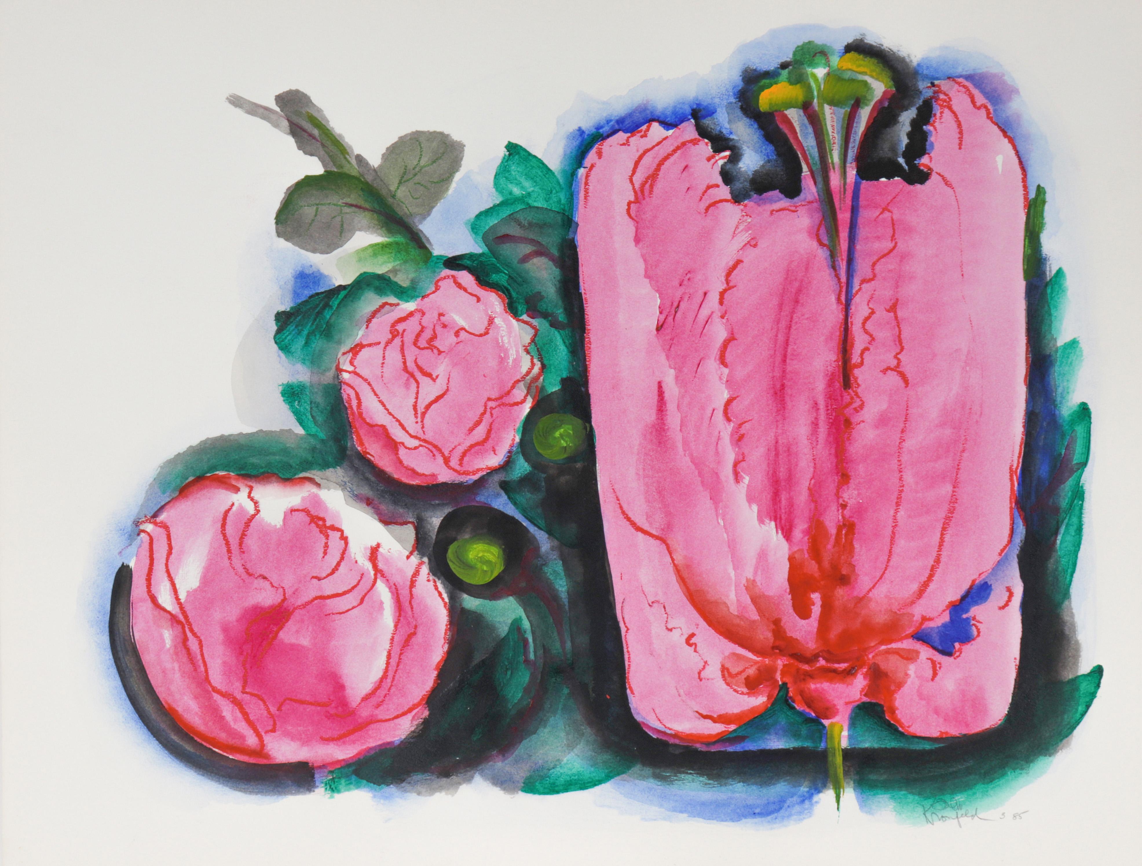 Morris Kronfeld Still-Life - Vibrant Hibiscus Study 1985 Watercolor
