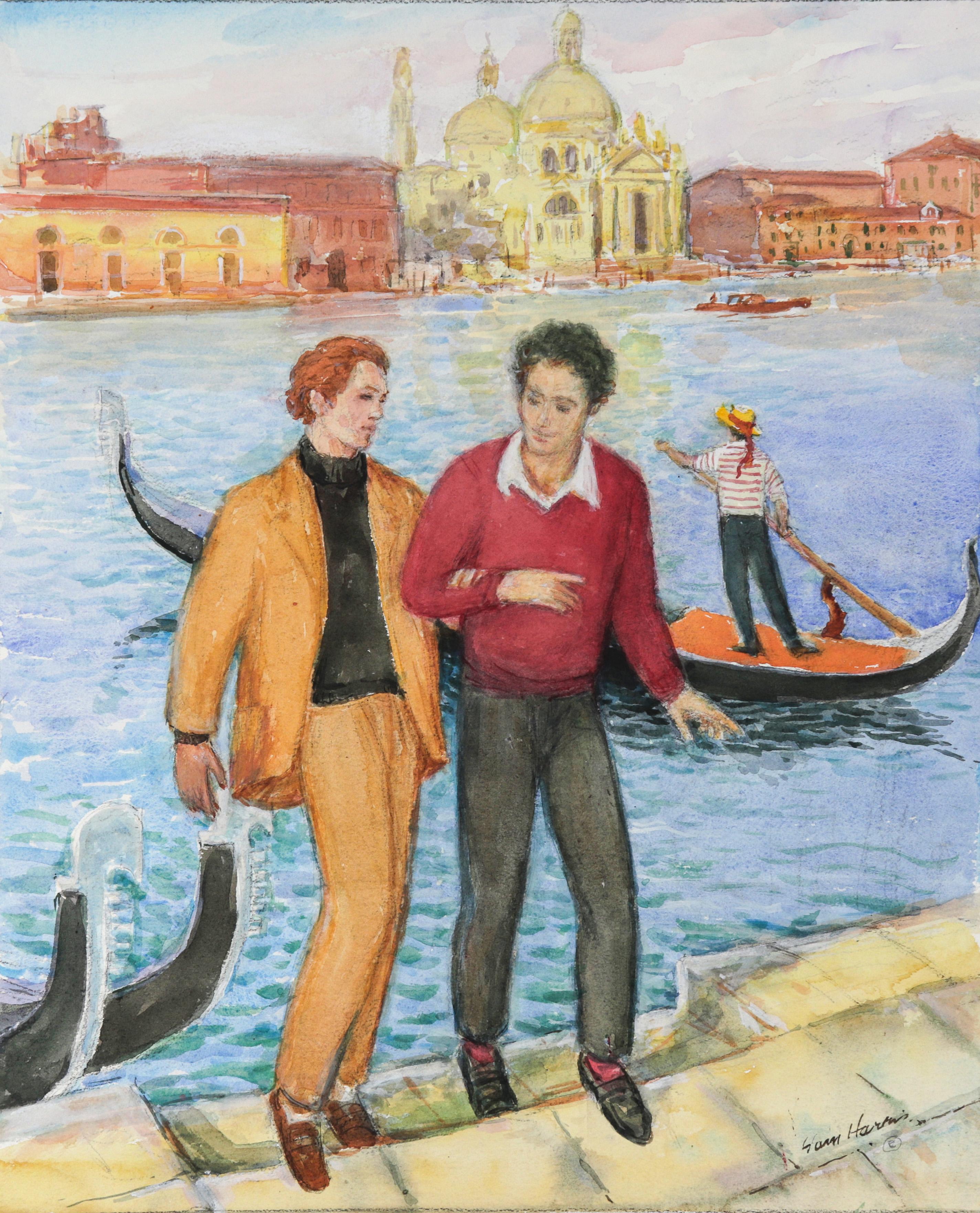 Sam Hugh Harris Figurative Art - Couple in Venice 20th Century Watercolor & Pastel