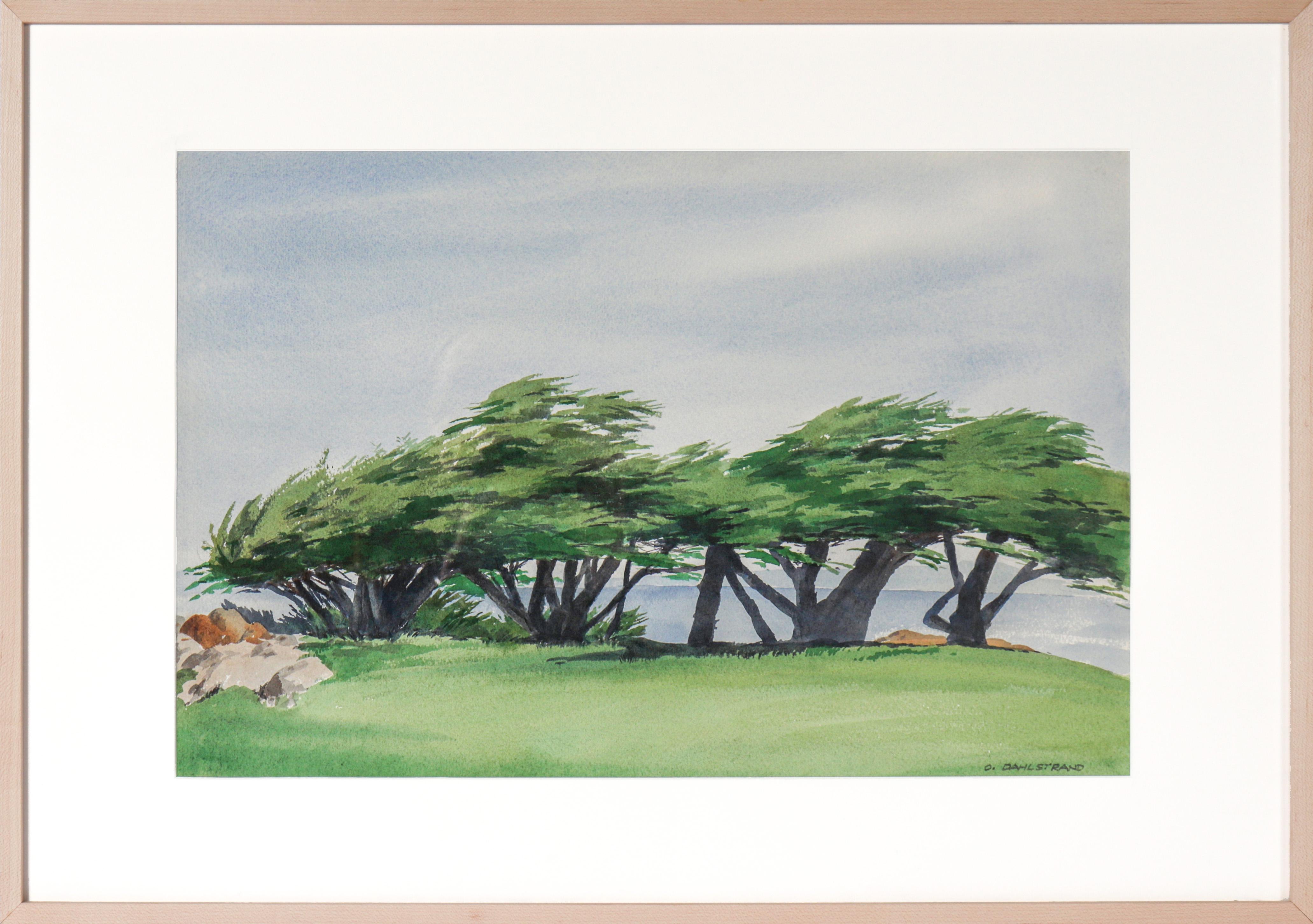 Olof Dahlstrand Landscape Art - Windswept Cypress Trees 20th Century Watercolor