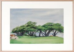 Windswept Cypress Trees 20th Century Watercolor