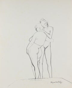 Vintage Nude Figures Embracing 1950-60s Charcoal & Graphite