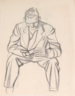 Vintage Seated Reading Figure Mid 20th Century Graphite