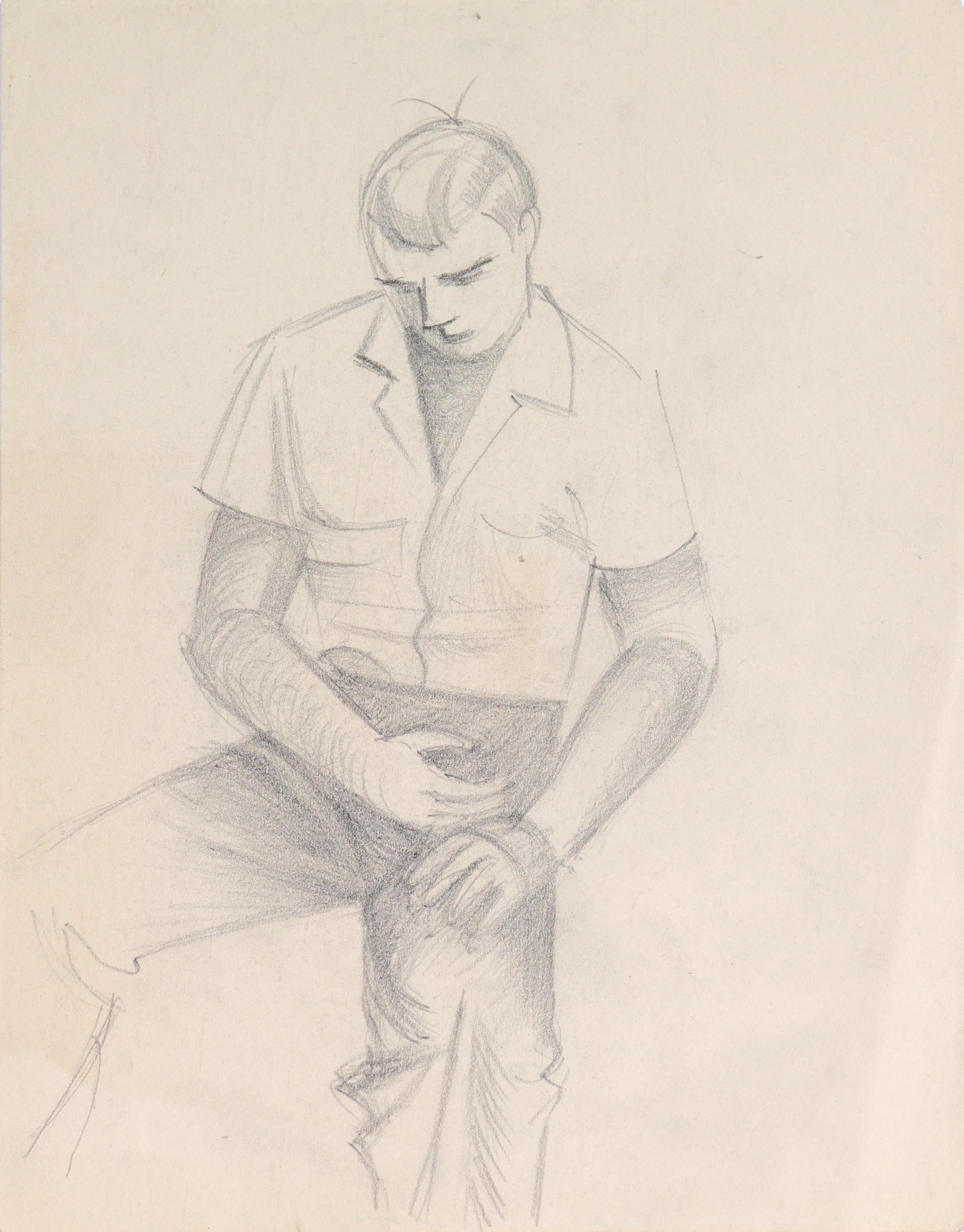 Richard Caldwell Brewer Figurative Art - Seated Male Figure Mid 20th Century Graphite