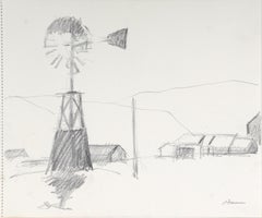 Vintage Modernist Landscape with Windmill 20th Century Landscape