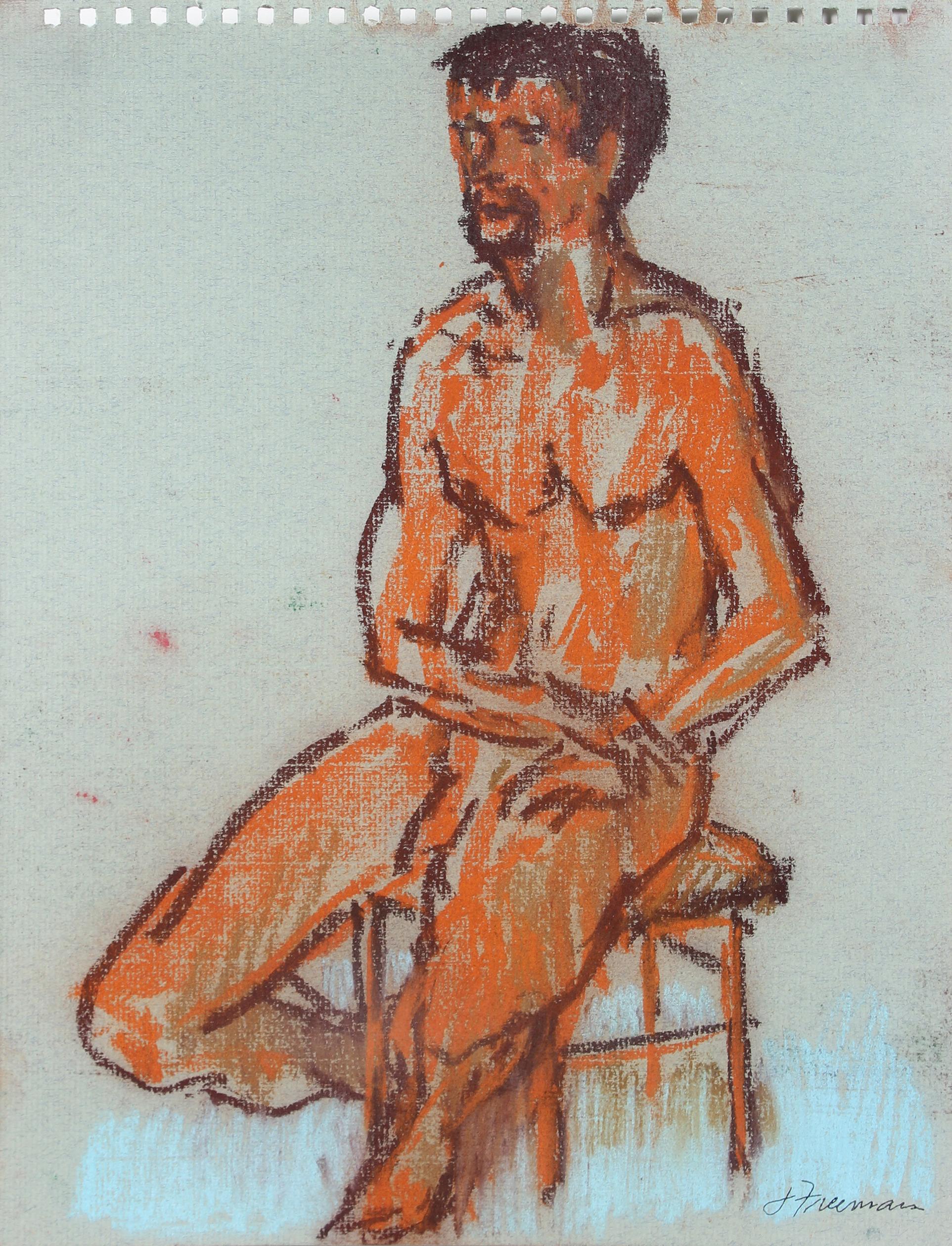 Bold Seated Male Nude 20th Century Pastel 