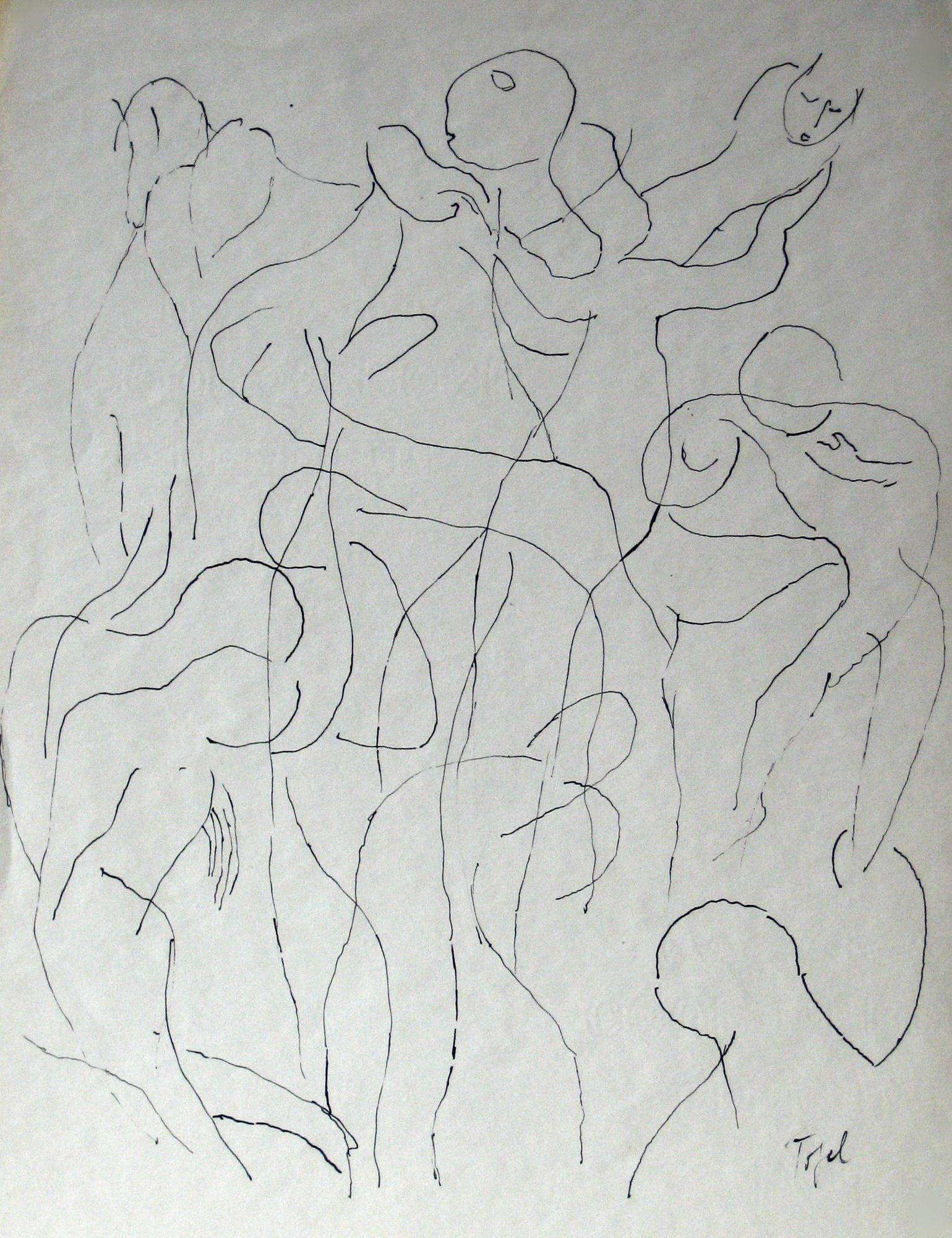 Jennings Tofel Figurative Art - Loose Group of Abstracted Figures 20th Century Ink