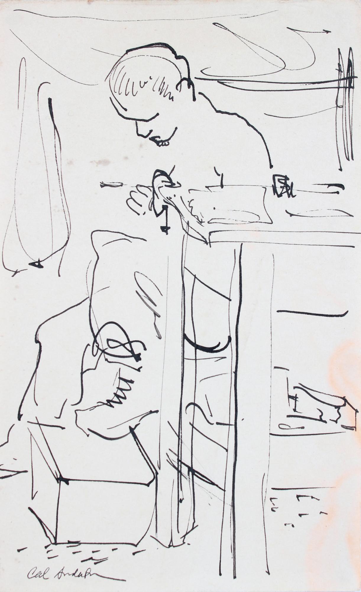 Calvin Anderson Figurative Art - Man in His Workshop, Modernist Drawing Mid Century Ink