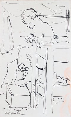 Man in His Workshop, Modernist Drawing Mid Century Ink